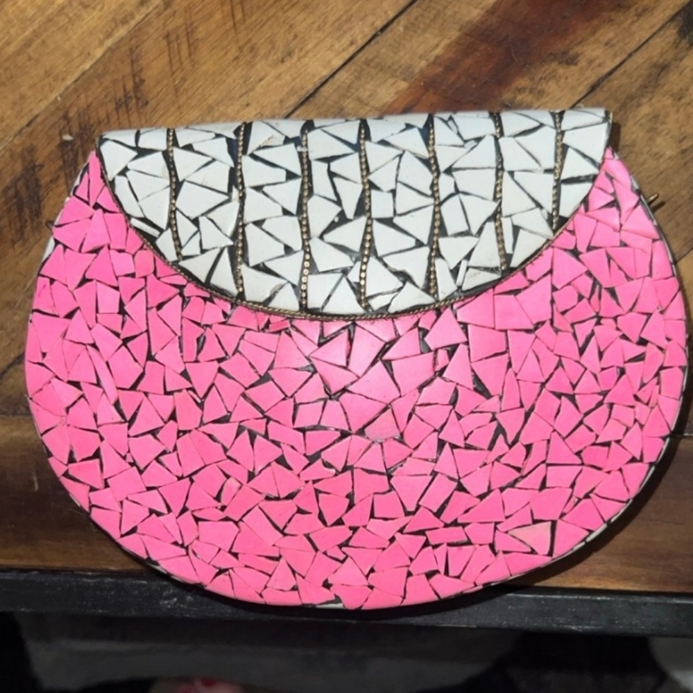 Ramla Pink and White Mosiac Purse handmade In Morocco